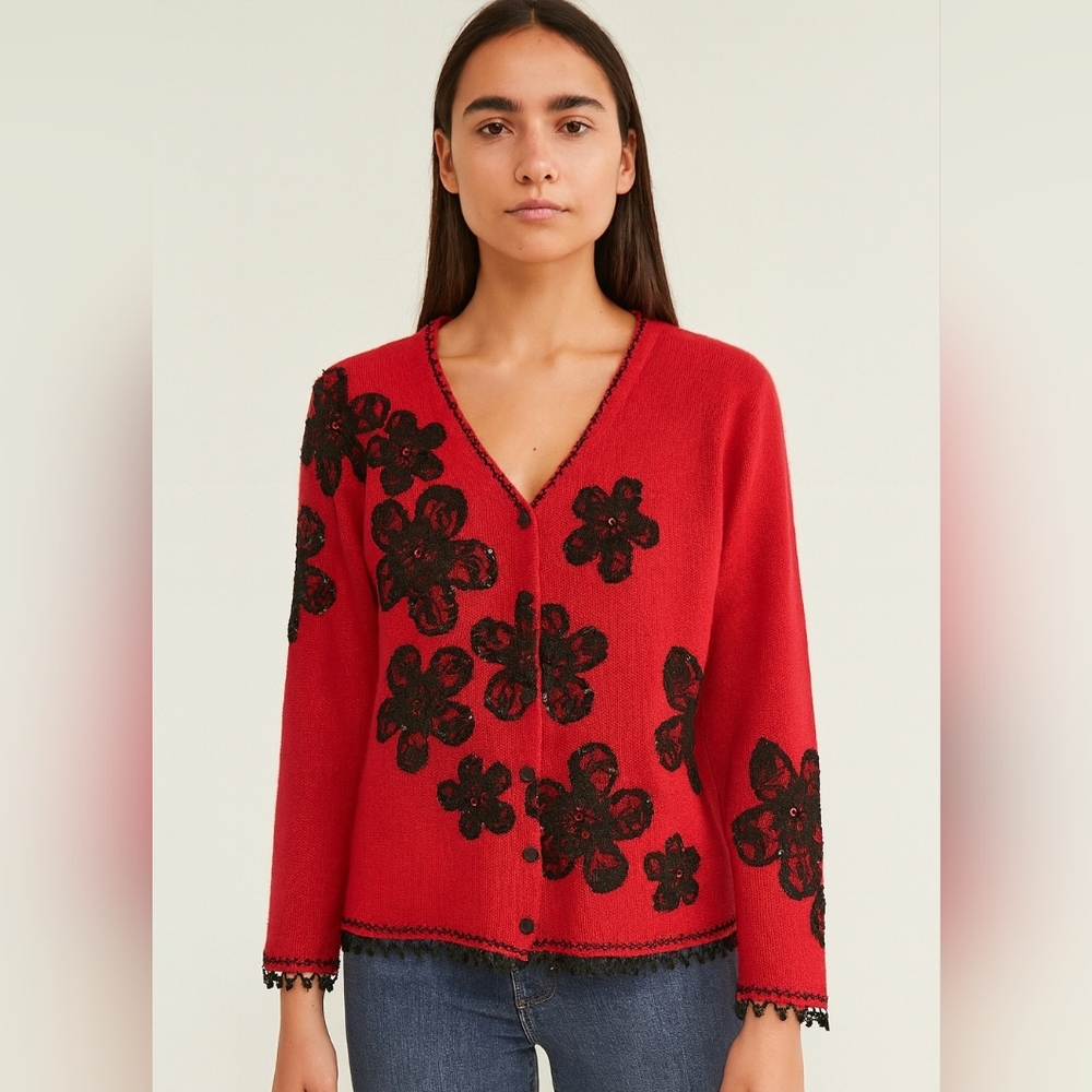 Design Options By Philip Jane Gordon Womens Floral Sequin Beaded Cardigan